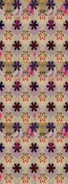 Raster illüstrasyonu. Bej ve gri renkli Asya tekstili. Çiçek desenini çiz.