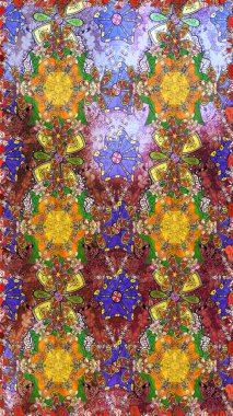 Kahverengi üzerine kahverengi. El çizimi çiçek unsurları olan soyut çizim raster deseni. Çiçekli ipek eşarp. Retro tekstil tasarım koleksiyonu. 1950 'ler-1960' lar motifleri.