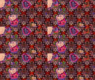 Parmak izi, kumaş, duvar kâğıdı, tekstil için raster dokusu. Nakış desenli çiçek deseni. Renkli grunge soyut arkaplanı colokahverengi çiçeklerle zenginleştirir.