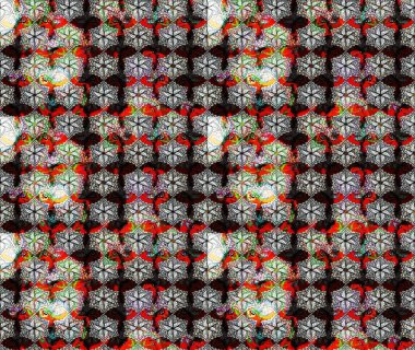 Çiçek desenli çizim. Asya tekstil tarzında. Raster illüstrasyonu. Raster illüstrasyonu. Siyah renkte çiçekler.