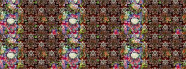 Renkli Bahar Teması eskiz kalıbı. Raster Modaya uygun kumaş deseni. Düz Çiçek Elementleri Tasarımı. Kahverengi renkli şirin çiçek deseni.