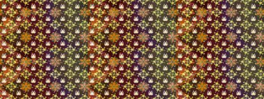 Raster illüstrasyonu. Çiçek desenli çizim. Kahverengi ve mor renkli Asya tekstili.