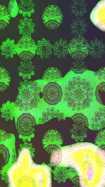 Raster illüstrasyonu. Yumuşak, yeşil renkli bahar çiçekleri. Yaprak ve çiçeklerin suluboya resmi, yeşil renkte çizim deseni.