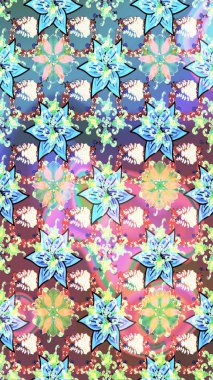 Raster illüstrasyonu. Şirin çiçekli eskiz deseni ve mavi renkli yapraklar, suluboya çiçek deseni, duvar kağıdı, kart veya kumaş için fayanslı.