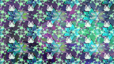 Patlayan çiçekler soyut olarak yerleştirilmiş. Raster illüstrasyonu. Raster deseni. Yumuşak, bahar çiçekleri mavi renklerde.