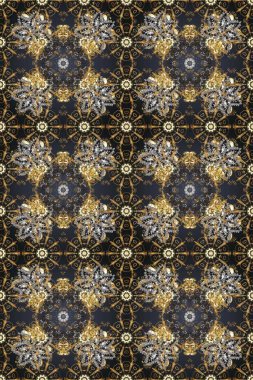 Gri ve kahverengi renklerde kusursuz desen. Raster altın pürüzsüz desen. Doğu tarzı arabesk tarzında altın elementler. Kusursuz altın desenli bukleler..