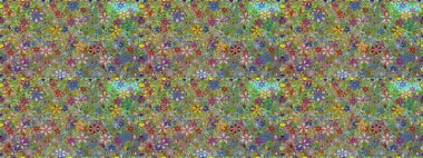 Kusursuz bir geçmişi var. Renkli desenli, yeşil ve nötr çiçekli ve dekoratif elementli kusursuz desen. Kumaş, tekstil, duvar kağıdı baskısı için. Eski usul. Raster illüstrasyonu.