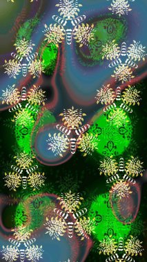 Raster illüstrasyonu. Raster deseni. Yumuşak, yeşil renkli yaz çiçekleri. Küçük çiçekte sevimli çiçek deseni var..