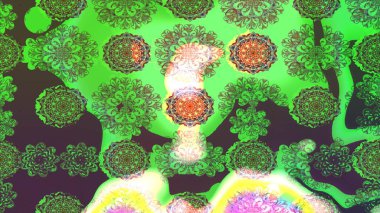 Yumuşak, yeşil renkli bahar çiçekleri. Patlayan çiçekler soyut olarak yerleştirilmiş. Raster deseni. Raster illüstrasyonu.