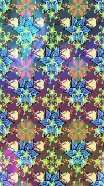 Renkli Bahar Teması eskiz kalıbı. Düz Çiçek Elementleri Tasarımı. Raster Modaya uygun kumaş deseni. Mavi renkli şirin çiçek deseni.