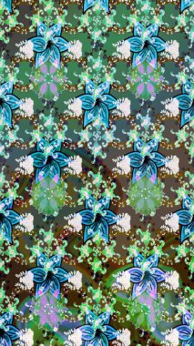 Tekrarlayan çiçek arkaplanı, zarif yeşil çiçek duvar kağıdı. Yeşil renkler üzerine çiçek desenli çizimler, el yapımı papatyalar, papatyalar..