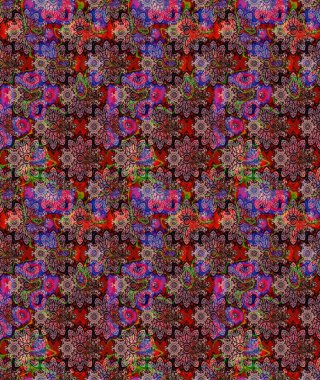 Çiçeksel elementlerle süslenmiş zarif raster dokusu. Kahverengi renkler ve parlak çiçekler üzerine soyut çizim deseni. Küçük çiçekte şirin bir çiçek deseni var..