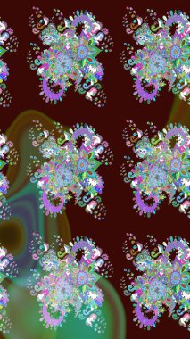 Parlak renkli fantezi çiçekleri, yapraklar, kahverengi renkli tomurcuklar, kahverengi. Suluboya el çizimi elementli çiçek çizimi deseni.