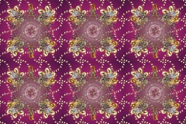 Raster altın desen. Kusursuz altın desenli bukleler. Doğu tarzı arabesk. Raster illüstrasyonu. Altın elementli mor ve kahverengi renkler.