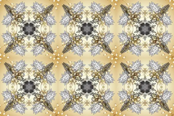 Geleneksel oryantasyon süsü. Klasik klasik klasik arka plan. Kusursuz klasik raster nötr, gri, bej ve altın desenli.