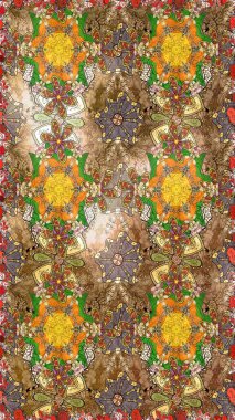 Raster illüstrasyonu. Çiçek desenli çizim. Kahverengi renkli çiçekler. Raster illüstrasyonu. Asya tekstil tarzında.