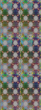 İşlemeli çiçekli, dikişsiz desen. Parmak izi, kumaş, duvar kâğıdı, tekstil için raster dokusu. Renkli grunge soyut arkaplanı Cologray ve yeşil çiçeklerle zenginleştirir.