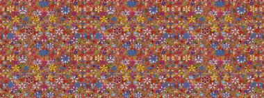 Seamless pattern with colorful paisley, brown and red flowers and decorative elements. For print on fabric, textiles, wallpaper. Seamless background. Raster illustration. Vintage retro style.