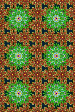 Halk tarzı. Moda baskıları için zarif bir şablon. Modern çiçek arkaplanı. Parlak renkli çiçekleri ve yeşil, kahverengi ve mavi renkte yaprakları olan şaşırtıcı, pürüzsüz çiçek deseni..