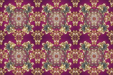 Altın elementli mor ve bej renkler. Raster altın çiçek süsü brokar kumaş ve cam desenli. Çiçek desenli altın metal. Kusursuz altın desen.