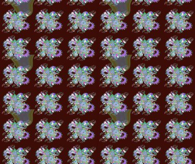 Raster illüstrasyonu. Patlayan çiçekler soyut olarak yerleştirilmiş. Kahverengi renklerde bahar çiçekleri. Raster deseni.