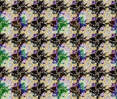 Tarafsız renklerde çok renkli, zarif küçük çiçekler ve komik böcekler, raster deseni, illüstrasyon.