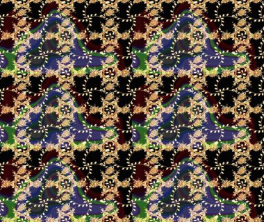 Raster illüstrasyonu. Siyah ve kahverengi renkte çiçekler. Raster illüstrasyonu. Kusursuz çiçek deseni. Asya tekstil tarzında.