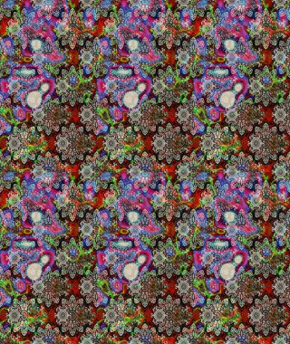 Eski usul. Raster illüstrasyonu. Eskiz geçmişi. Renkli desenli eskiz deseni, gri çiçekler ve dekoratif elementlerle. Kumaş, tekstil ve duvar kağıdı baskısı için..