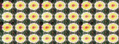 Çiçeksel elementlerle süslenmiş zarif raster dokusu. Parlak çiçekli sarı renkler üzerine soyut çizim deseni. Küçük çiçekte şirin bir çiçek deseni var..
