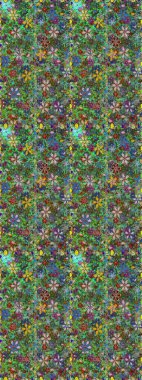 Kumaş desenli papatya çiçeği detayı. Yeşil ve kahverengi renkte çiçekler.