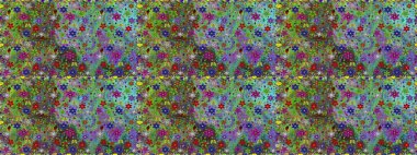 Raster illüstrasyonunda kusursuz çiçek deseni. Yeşil ve mavi renkte çiçekler. Renkli Bahar Temalı Kusursuz Arkaplan. Düz Çiçek Elementleri Tasarımı.