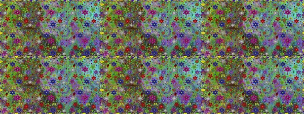 Raster illüstrasyonunda kusursuz çiçek deseni. Yeşil ve mavi renkte çiçekler. Renkli Bahar Temalı Kusursuz Arkaplan. Düz Çiçek Elementleri Tasarımı.