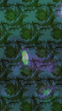 Yeşil renklerde. Raster illüstrasyonu. Çiçek buketleriyle klasik tarzda eskiz deseni.