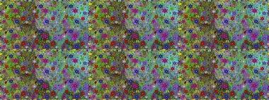 Raster illüstrasyonunda kusursuz çiçek deseni. Yeşil ve mavi renkte çiçekler. Renkli Bahar Temalı Kusursuz Arkaplan. Düz Çiçek Elementleri Tasarımı.