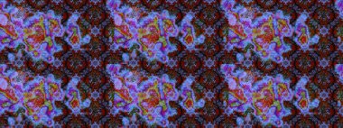 Çiçek desenli çizim. Raster illüstrasyonu. Mor renklerde Asya tekstili.