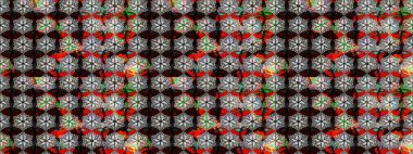 Raster Floral Illustration, Asyalı tekstil. Siyah renkli etnik çiçeklerle zarif eskiz deseni.