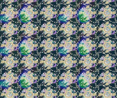 Raster Floral Illustration, Asyalı tekstil. Mavi renkli etnik çiçeklerle zarif eskiz deseni.