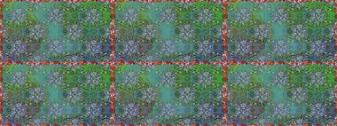 Raster illüstrasyonu. Eski usul. Kusursuz bir geçmişi var. Kumaş, tekstil, duvar kağıdı baskısı için. Renkli desenli kusursuz desen, yeşil çiçekler ve dekoratif elementler..