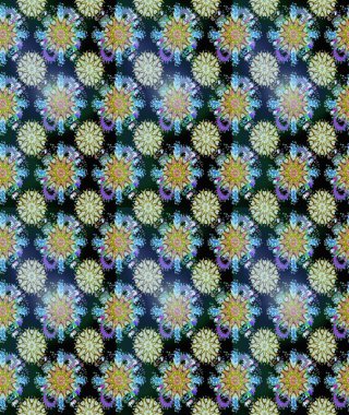 El çizimi çiçekli, soyut, pürüzsüz desen. Raster illüstrasyonu. Mavi ve nötr renkte çiçekler.