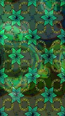 Moda baskıları için zarif bir şablon. Parlak renkli çiçekli ve yeşil yapraklı harika bir çiçek deseni. Modern çiçek arkaplanı. Halk stili.