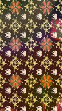 Raster illüstrasyonu. Kahverengi renkli Asya tekstili. Suluboya çiçekli çiçek deseni.