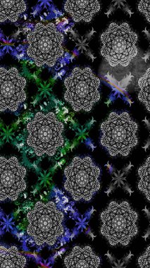 Çiçekli ipek eşarp. El çizimi çiçek unsurları olan soyut çizim raster deseni. 1950-1960 motifleri. Retro tekstil tasarım koleksiyonu. Siyah üstüne siyah..