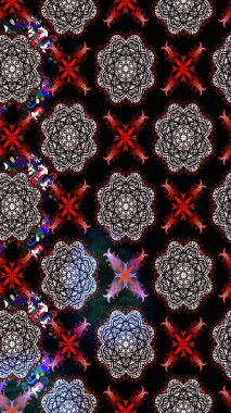 Çiçek desenli çizim. Raster illüstrasyonu. Siyah renklerde Asya tekstili.