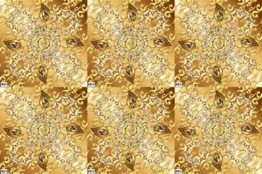Klasik klasik klasik arka plan. Geleneksel oryantasyon süsü. Altın elementlerle bej, kahverengi ve siyah renklerde kusursuz desen. Kusursuz klasik raster altın desenli.