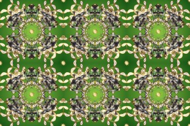 Süslü raster dekorasyonu. Altın desenli yeşil, gri ve bej renklerde altın elementler. Barok tarzında duvar kağıdı tasarımı için kusursuz damaske deseni arkaplanı.