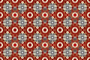 Klasik raster şablonu. Tekrarlayan elementlerle kusursuz soyut arkaplan. Kahverengi, kırmızı, bej ve altın desenli.