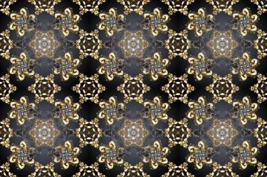 Altın antika ortaçağ dekoratifi, yapraklar ve gri, kahverengi ve siyah renkte altın desenli süslemeleri olan dikişsiz bir şablon. Kusursuz kraliyet lüksü, altın barok kumaş rengi..