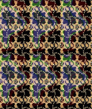 Raster illüstrasyonu. Siyah ve kahverengi renkte çiçekler. Raster illüstrasyonu. Kusursuz çiçek deseni. Asya tekstil tarzında.