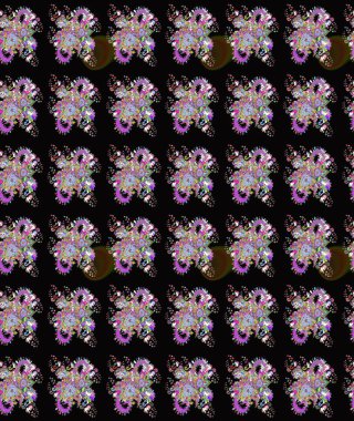 Çok renkli ve nötr küçük çiçekler ve siyah ve nötr renklerdeki komik böcekler, raster desen, illüstrasyon.