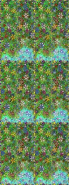 Yeşil ve mavi arka planda. El çizimi çiçekli, pürüzsüz bir desen. Tekstil, kumaş, ambalaj, hatıra defteri için hoş bir çiçek arkaplanı. Çocuksu tasarım.